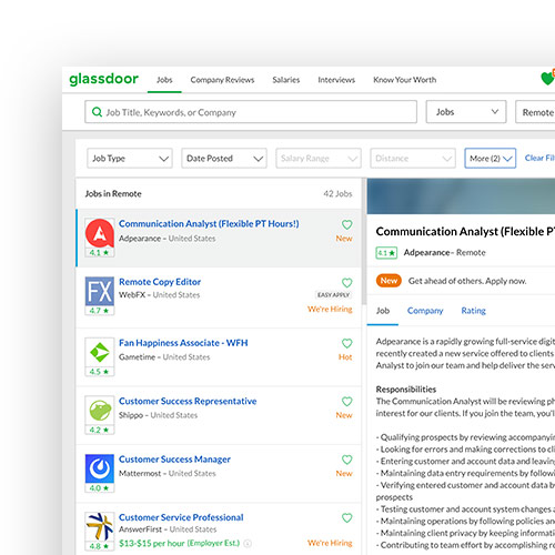 Glassdoor's Search Results are on the left.